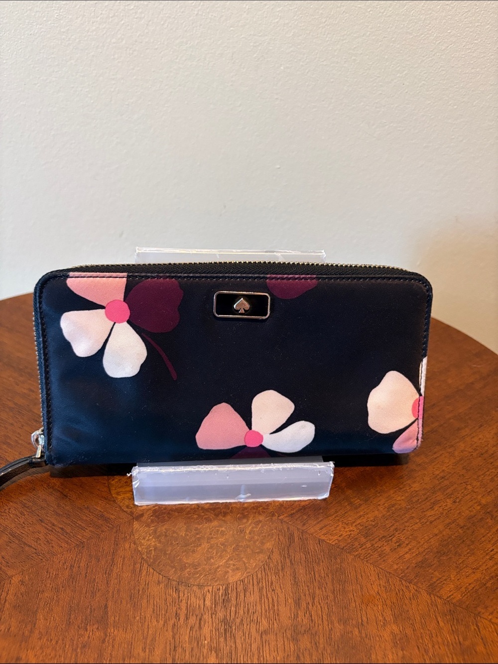Kate Spade Floral Zip Around accordion wallet BLACK pink white plum nylon  EUC